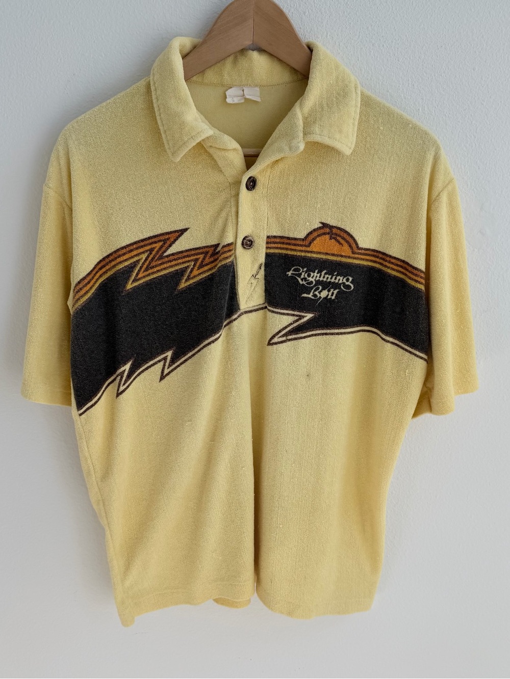 Vintage Lightning Bolt Terry Cloth Surf Polo Shirt Yellow Graphic Short Sleeve